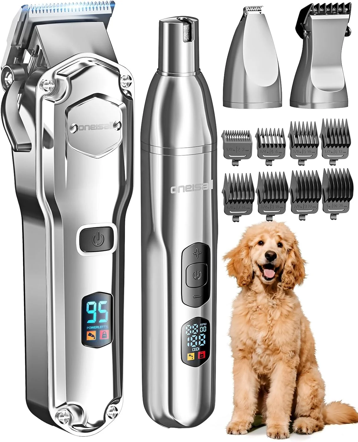 Breathable oneisall Dog Clippers for Grooming Thick Heavy Coats 4-in-1 Dog Grooming Kit Low Noise with Stainless Steel Blade Cordless Dogs Paw Trimmer Pet Nail Grinder for Small Large Dogs Cats Animals Dependable