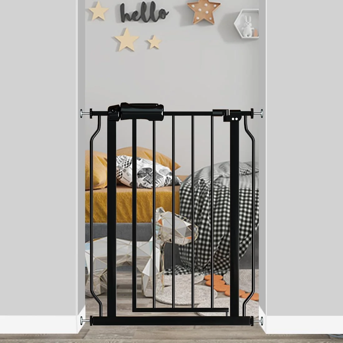 Smart Narrow Baby Gate for Doorways Stairs 24-29 Wide Pressure Mounted Walk Through Metal Auto Close Safety Child Gatesfor Kids or Pets Black Fine