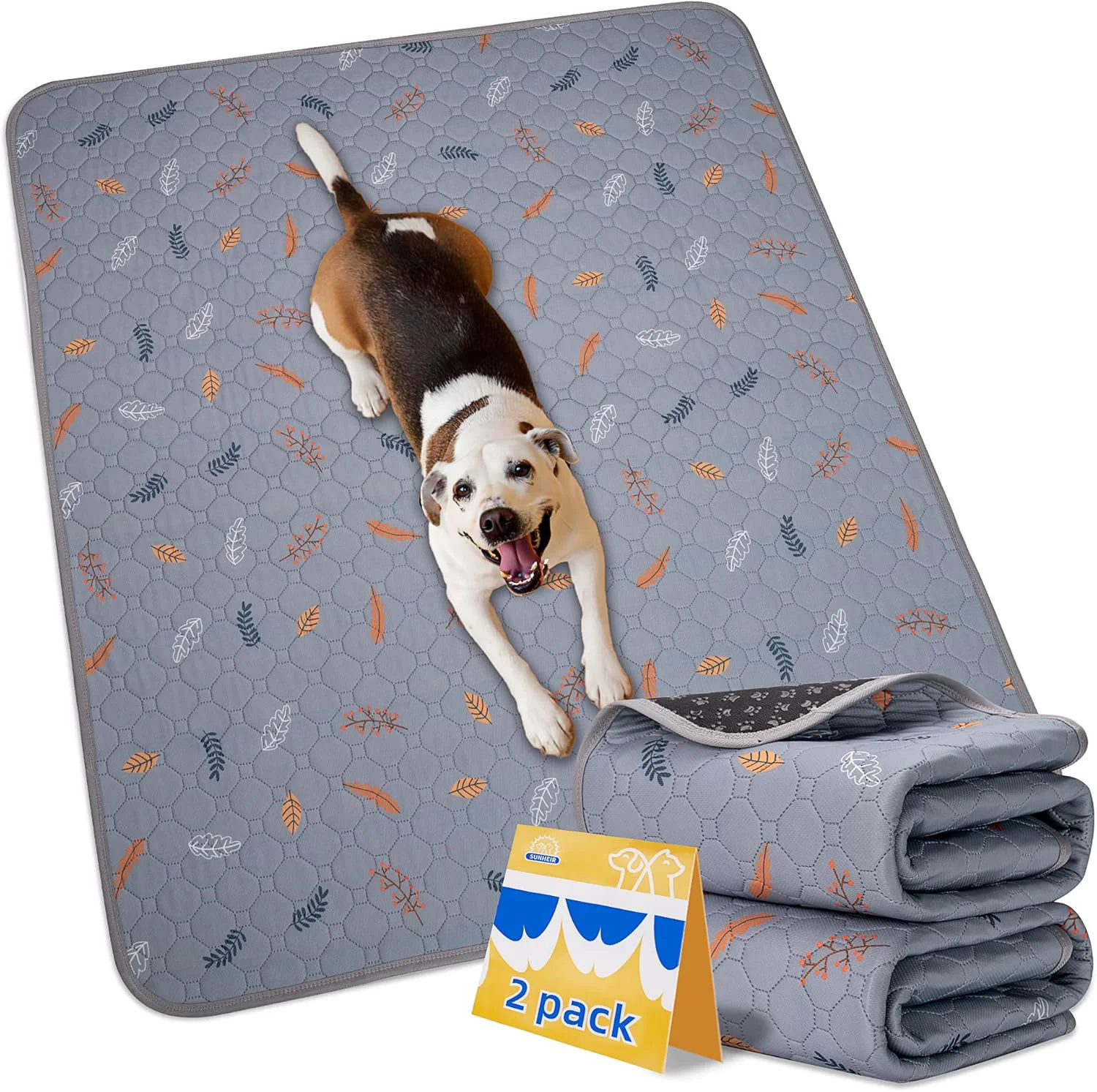 High-End Sunheir Washable Pee Pads for Dogs 2-Pack Reusable Puppy Pads Pet Training Pads Waterproof Dog Pee Pads for Crate Whelping Pad Non-Slip Protects Against Urine Leakage Leaves – Light Grey 24×36 Authentic