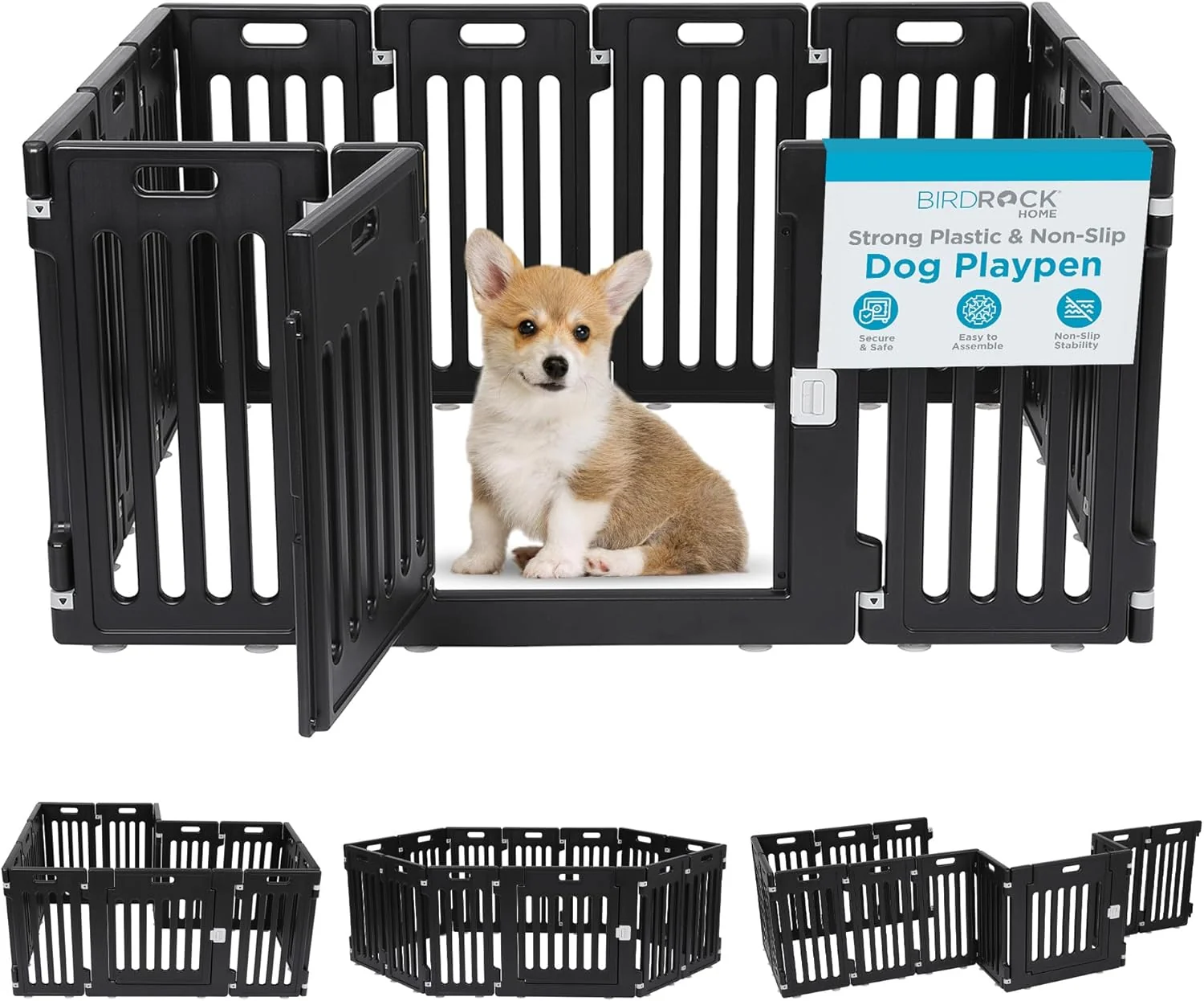 Outstanding BIRDROCK HOME Dog Playpen w Door 12 Panel 25.6in H Strong Plastic Non-Slip Puppy Playpen Secure Pet Gate Indoor Outdoor Fence Configurable Panels Small to Medium Pets – Black Responsible
