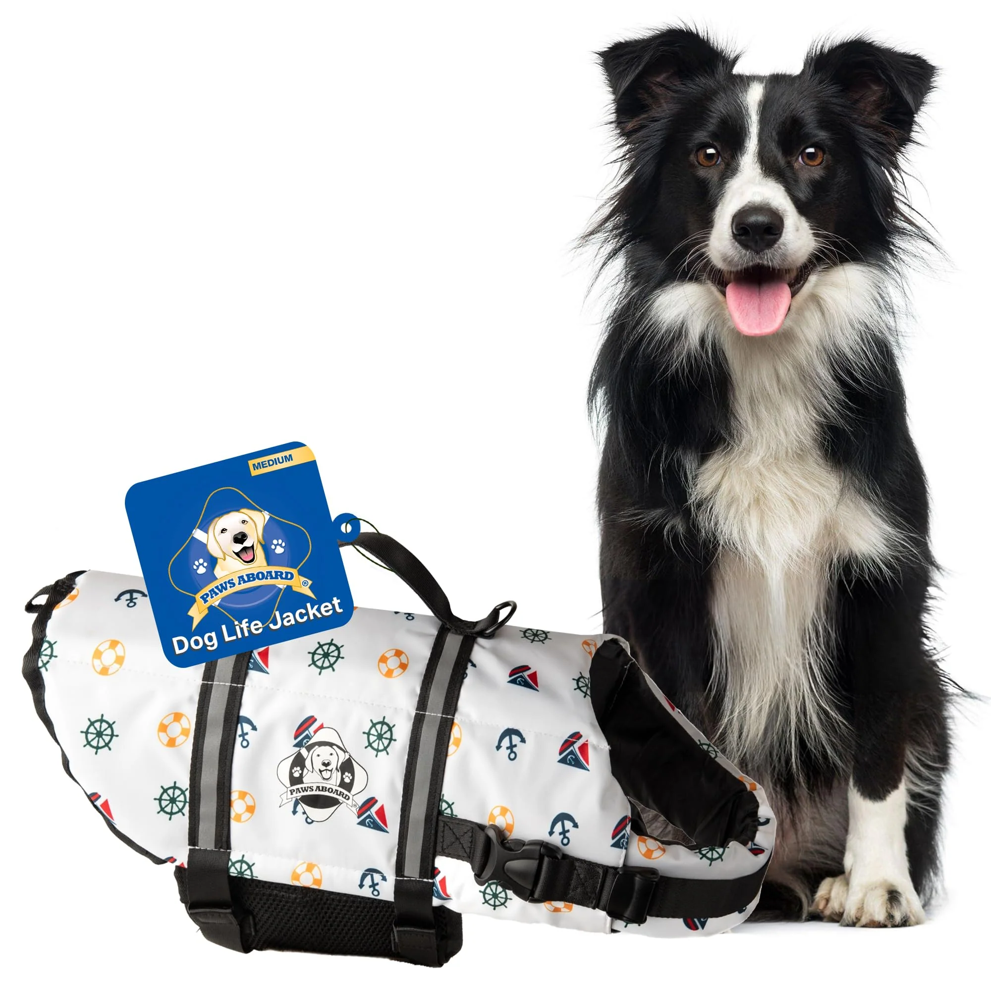 Optimized Paws Aboard Dog Life Jacket – Adjustable Reflective Swimming Vest for Dogs Nautical Medium Sophisticated
