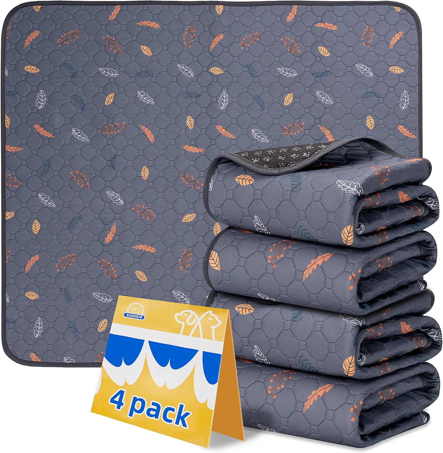 Efficient Sunheir Washable Pee Pads for Dogs 4-Pack Reusable Puppy Pads Pet Training Pads Waterproof Dog Pee Pads for Crate Whelping Pad Non-Slip Protects Against Urine Leakage Leaves – Deep Grey 18×24 Expertly Made