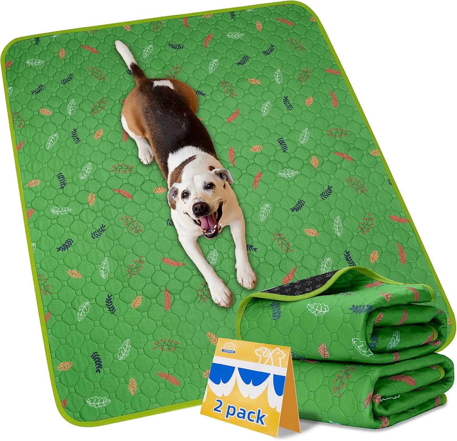 Modern Sunheir Washable Pee Pads for Dogs Large 48 x 48 2-Pack Reusable Puppy Pads Pet Training Pads Absorb Dog Mats Whelping Pad Non-Slip Protects Against Urine Leakage Leaves – Green 48×48 Superior