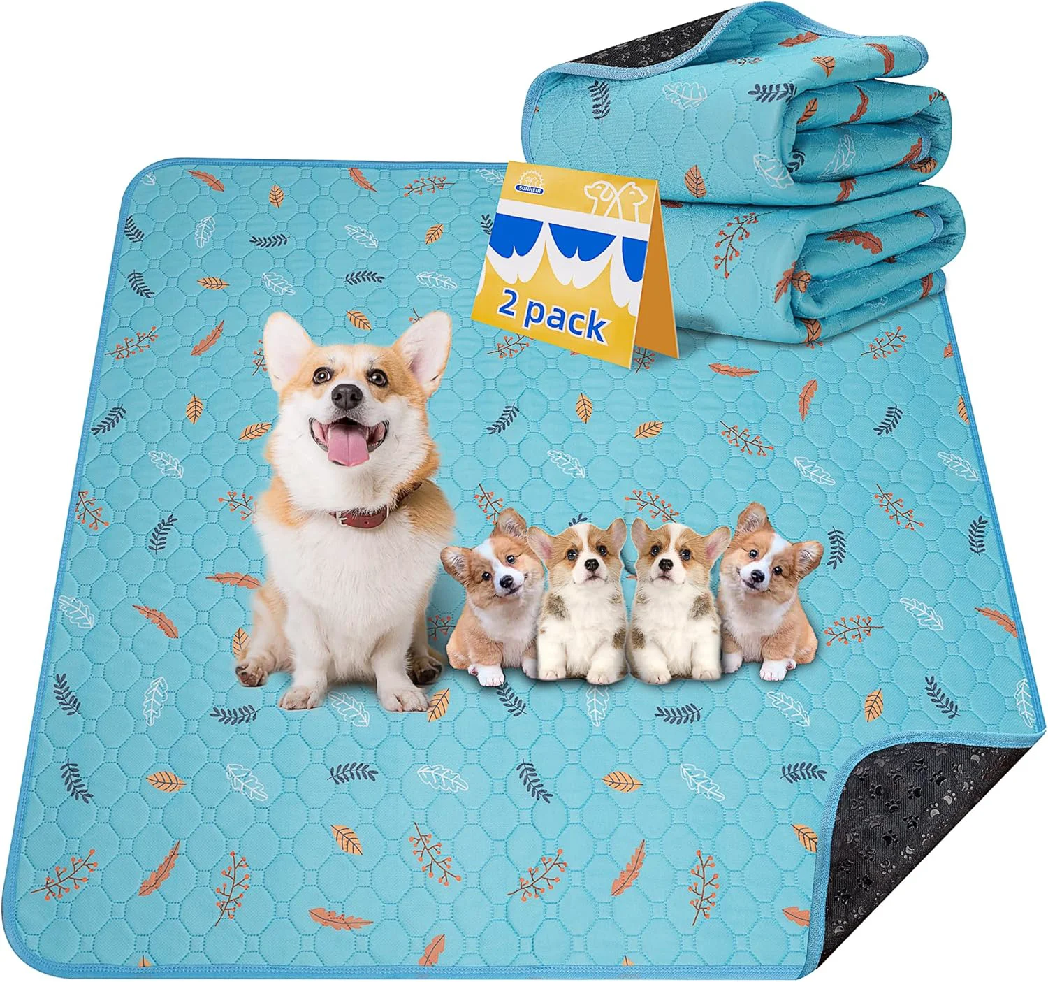 Casual Sunheir Washable Pee Pads for Dogs Extra Large 36 x 48 2-Pack Reusable Puppy Pads Pet Training Pads Whelping Pad Non-Slip Protects Against Urine Leakage Leaves – Sky Blue 36×48 Breathable