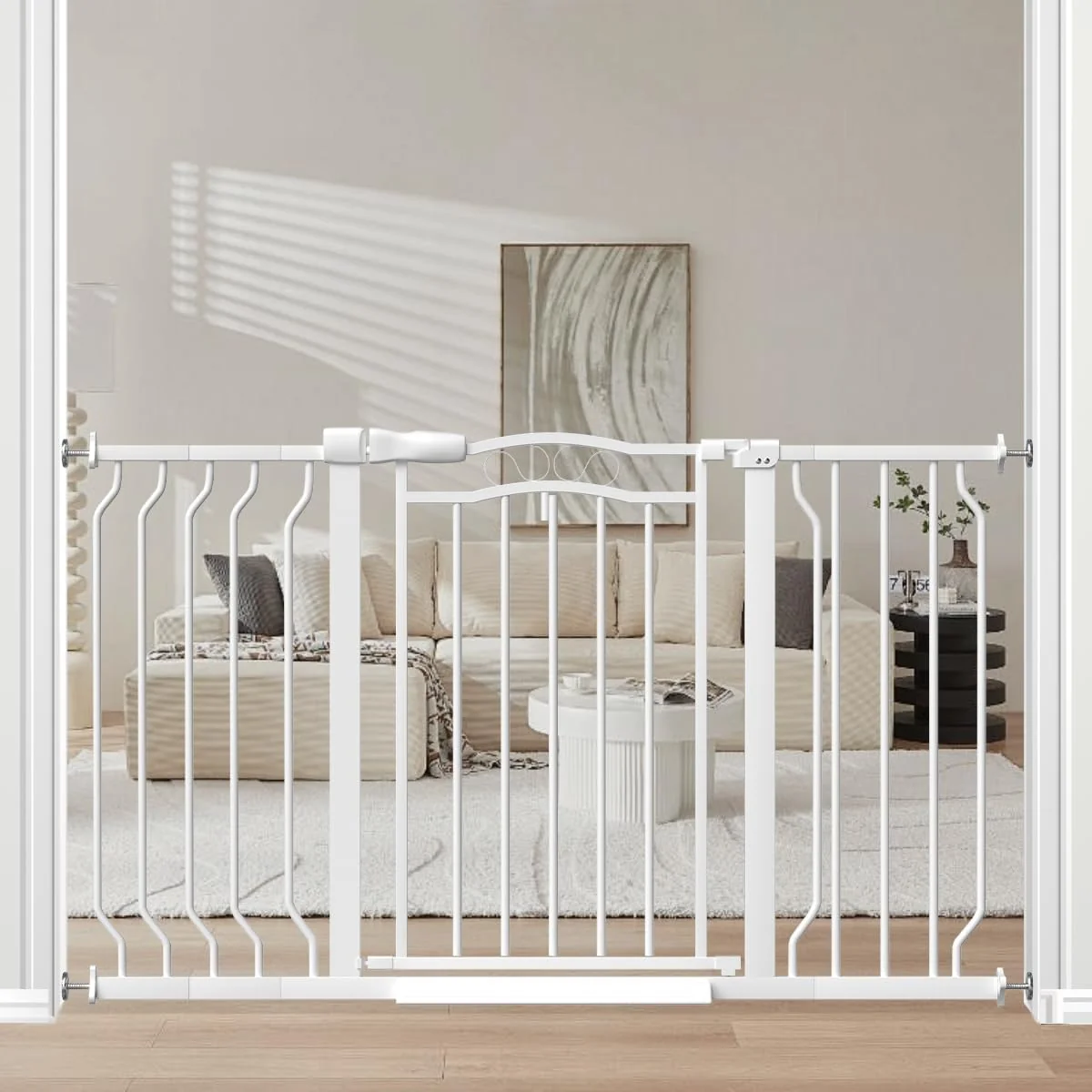 Secure Extra Wide Baby Gate for Doorways 29.9 -53.1 Pressure Mounted Dog Gates With Door Child Safety Barrier Walk Thru Indoor Large Babygate Long for Kids Toddler Pet Outside 30 In Tall White Recyclable