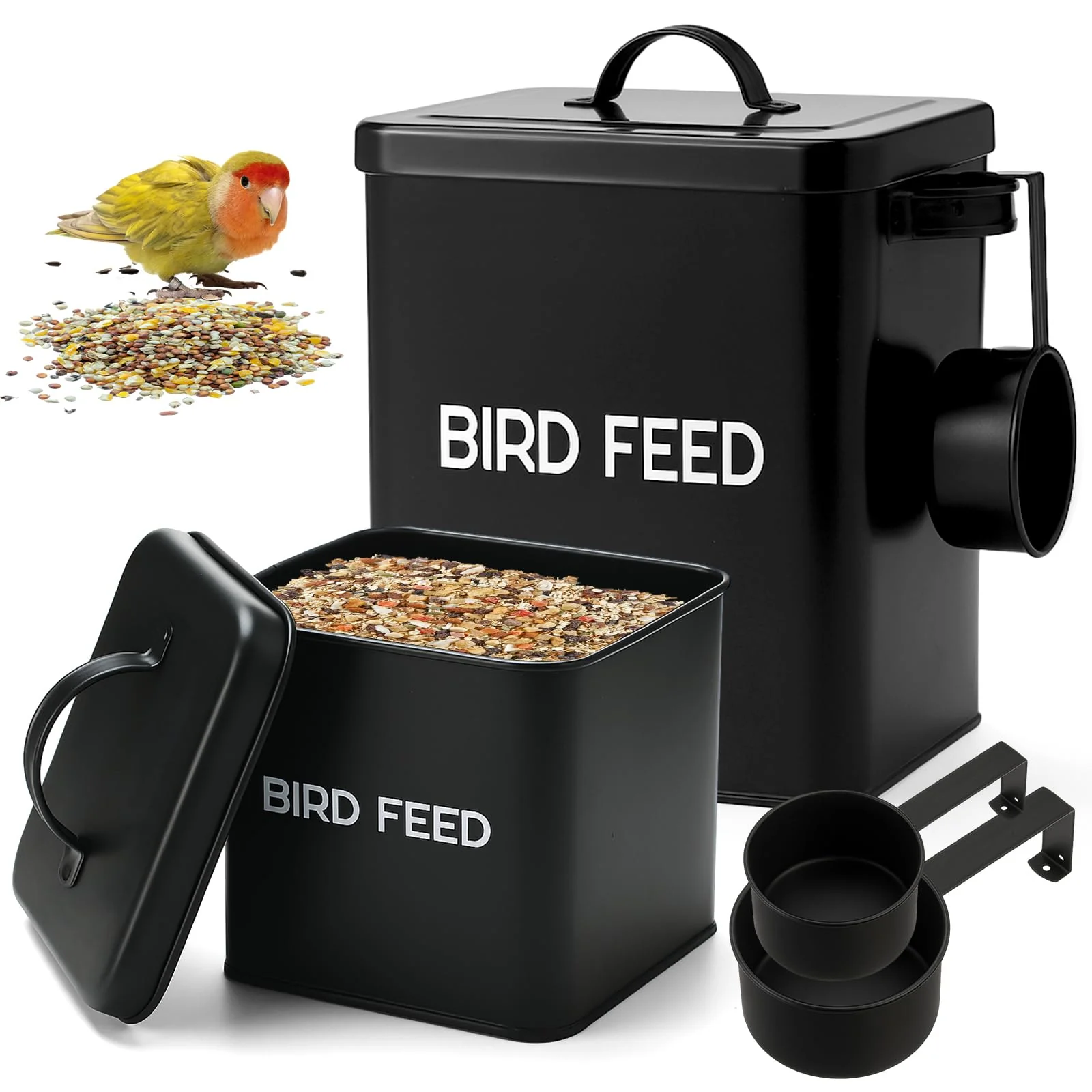 Genuine lnaive 2 Pcs Metal Bird Seed Containers with Scoop – Black Optimized