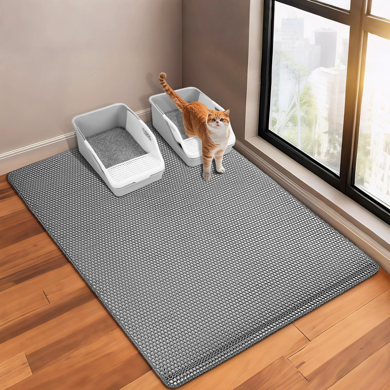 Detailed GRELY XL47x28 Extra Large Cat Litter Mat Double Layer Litter Trapping Waterproof Non-Slip Smooth