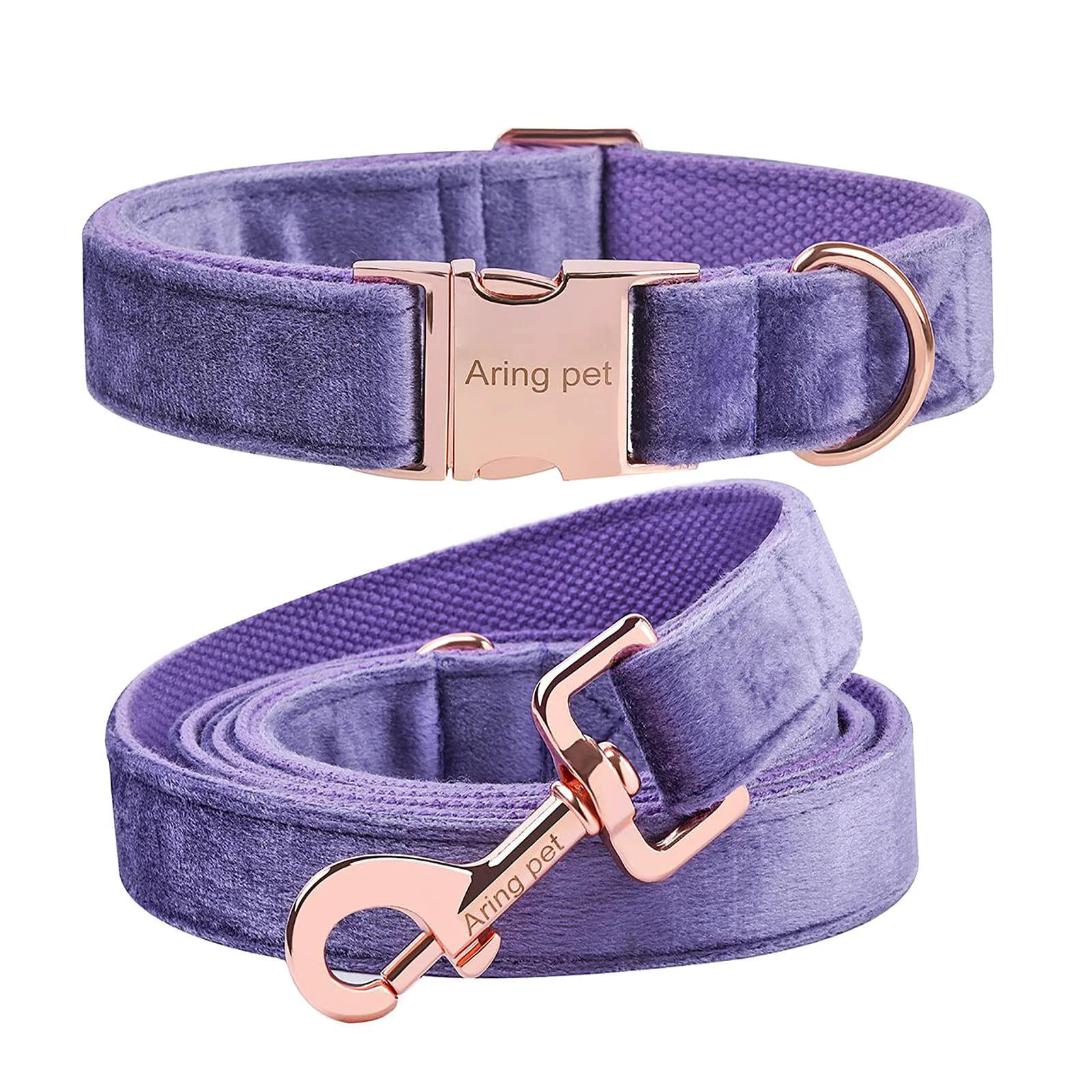 Premium Material ARING PET Velvet Dog Collar and Leash Set — Soft Purple Adjustable with Rose Gold Hardware Selected