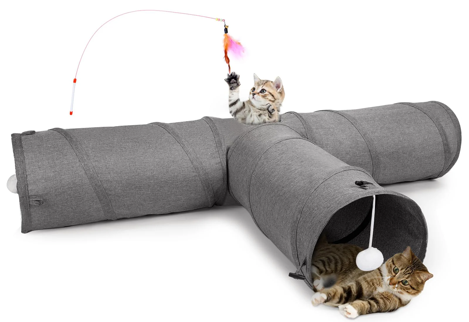 Versatile Ownpets Cat Tunnel 47-Inch 3-Way Collapsible Kitty Tunnel with Plush Ball Feather Toy Convenient