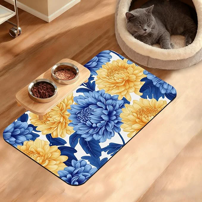 Prestigious Blue Yellow Flowers Dog Food Mat Absorbent Pet Feeding Mat Modern
