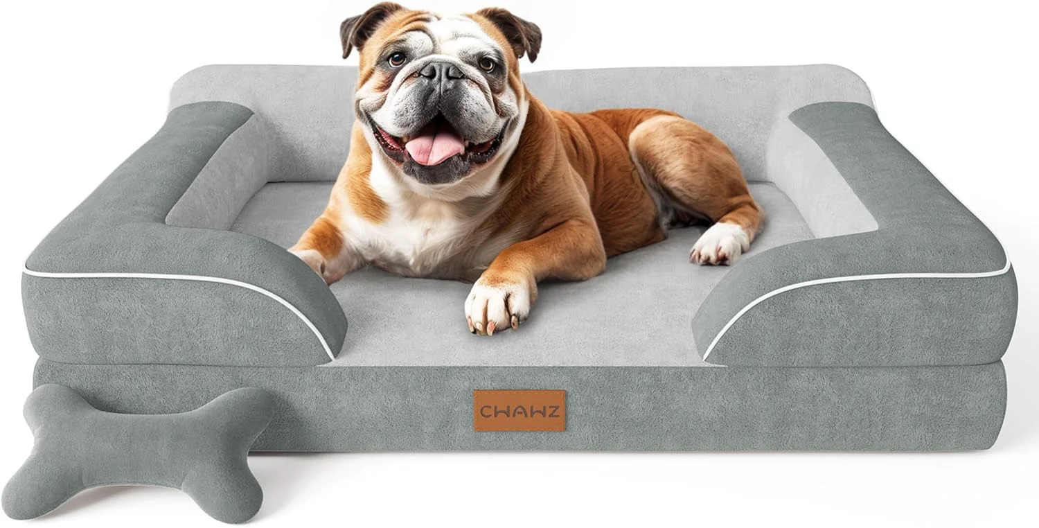 Minimalist Dog Beds for Large Dogs Orthopedic Dog Bed with Cooling Gel Memory Foam Waterproof Large Pet Bed with Removable Washable Cover 36 Pet Sofa Couch Dutch Velvet with Bone Toy Light Gray Next-Generation