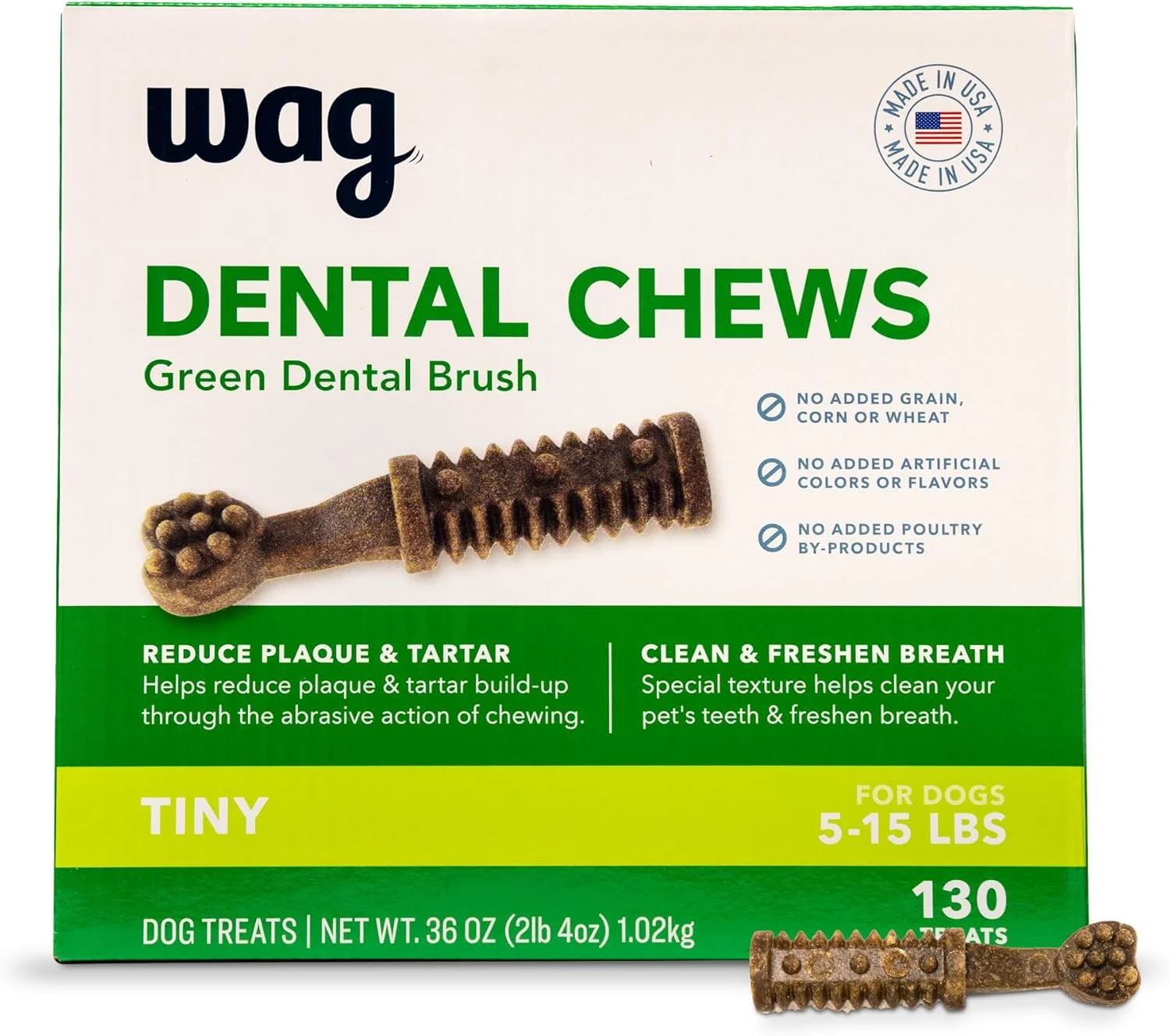 Responsible Amazon Brand – Wag Dental Dog Treats to Help Clean Teeth Freshen Breath Tiny 2.25 pounds Unflavored – 130 Count Pack of 1 Easy-to-Use