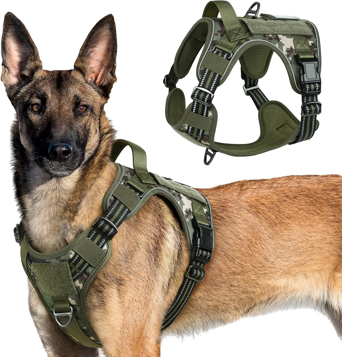 Enhanced rabbitgoo Tactical Dog Harness for Large Dogs No Pull Military Service Vest with Handle Molle Easy Control for Training Walking Adjustable Reflective Straps Green camo XL Functional