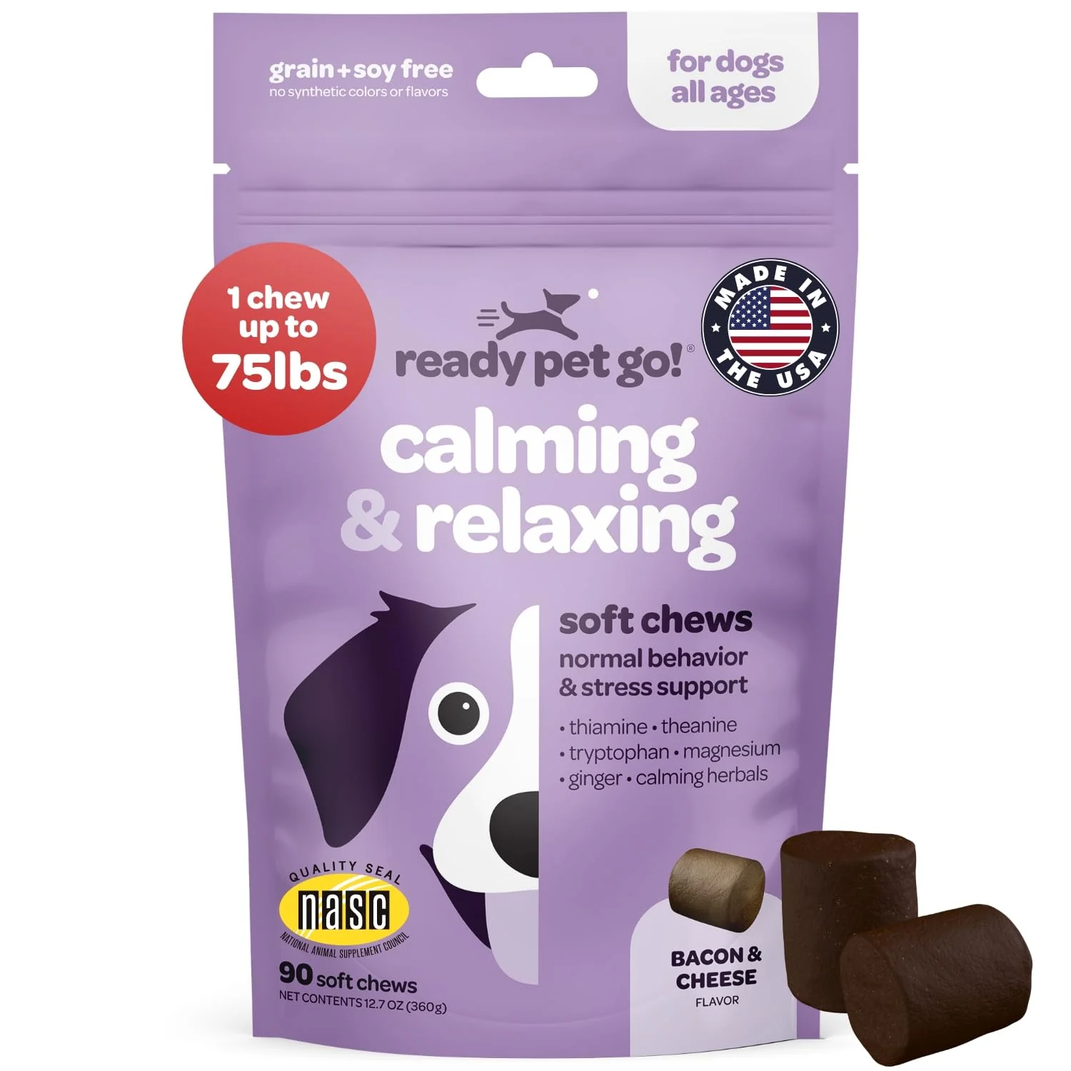 Safe Calming Chews for Dogs Herbal Anxiety Support NASC- Made in USA 90 Count Ready Pet Go Soft