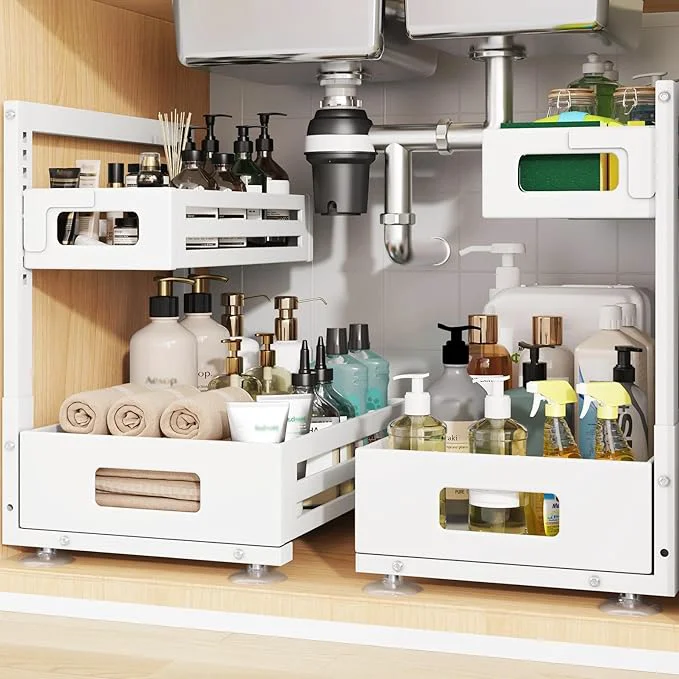 Secure 2 Pack Under Sink Organizer Pull Out Cabinet Organizer With Smooth Cylindrical Rail Metal Slide Out Drawer for Kitchen Bathroom Laundry Cabinet 8-Level Tool Height Adjustable-WhiteAbout ThisOverview Elegant