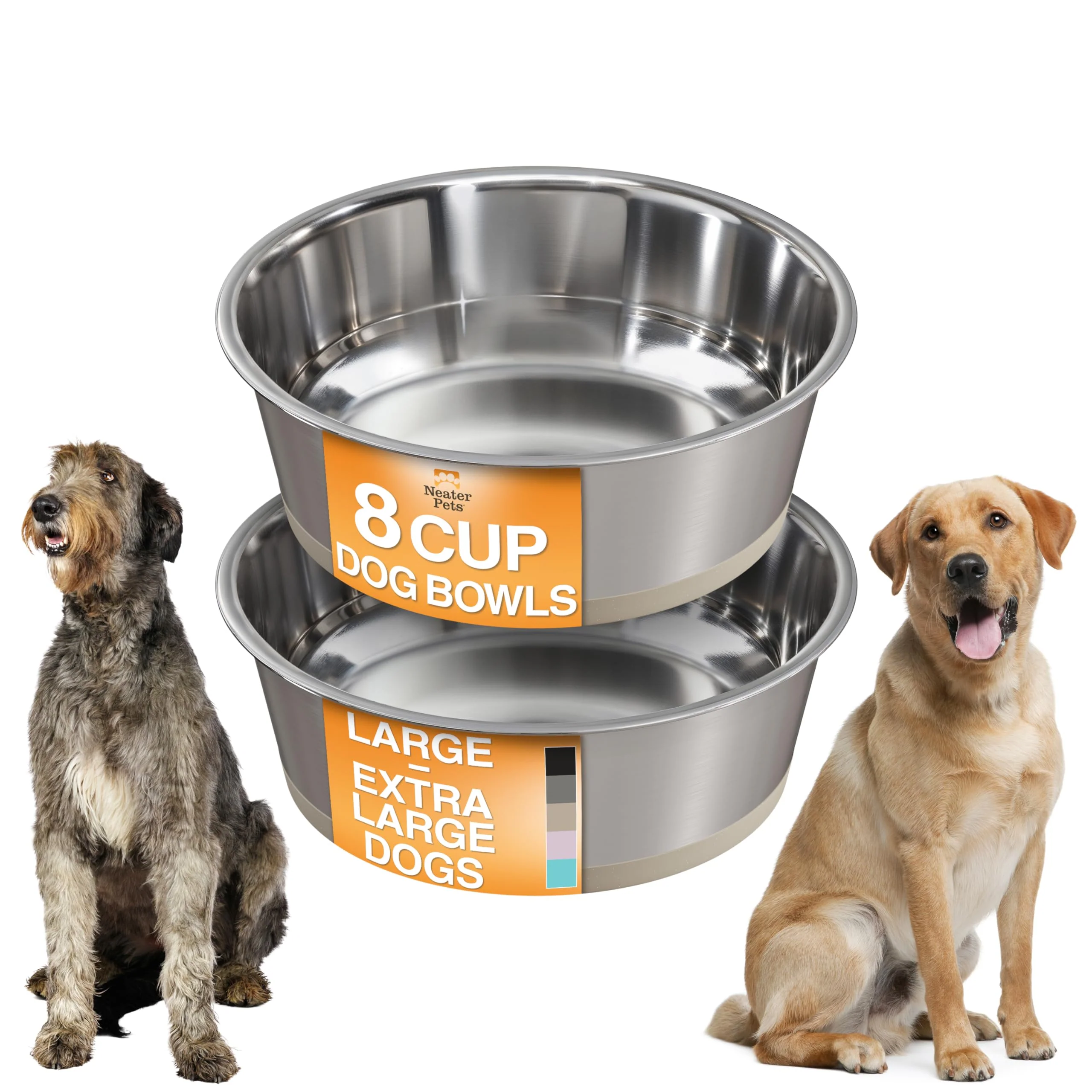 Artisan Neater Pet Brands Stainless Steel Dog Bowls with Non-Slip Base – 8 Cup Set 64 oz Classic