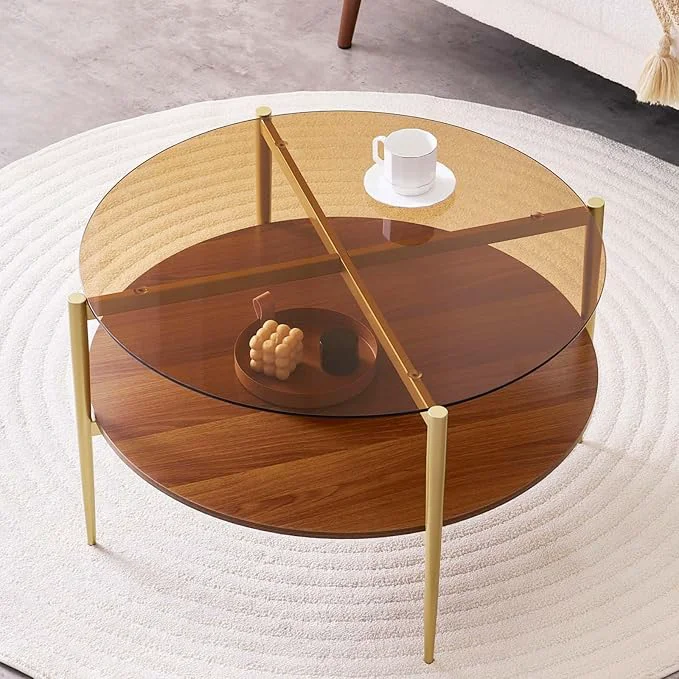 Green Round Coffee Table Mid-Century Modern Design D30 x H17 for Living Room 2-Tier Structure Amber Glass Top and Walnut MDF Shelf Sleek Conical Metal Legs with Gold FinishAbout ThisOverview High-Performance