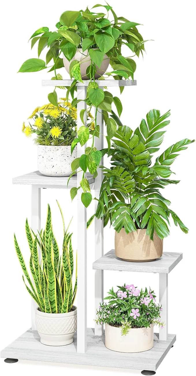 Secure LASZOLA White 4 Tiered Wood Plant Stand Indoor for Large Heavy Duty Planter Sturdy Multi Level Corner Vertical Flower Rack for Narrow House Rustic Tall Orchid Shelving Holder for Decor Space SavingAbout ThisOverview Crafted