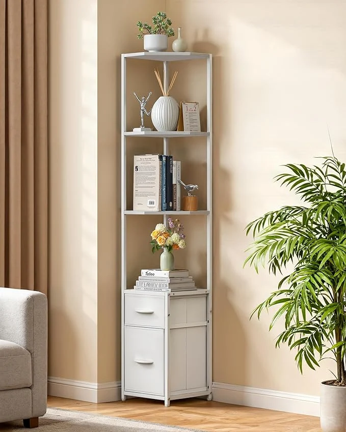 Original Design Housolution Corner Shelf Stand with Storage 63.8” Tall 6-Tier Corner Bookshelf Includes 2 Fabric Drawers standing Corners Storage Shelf for Living Room Bedroom Kitchen Bathroom White About ThisOverview Smooth