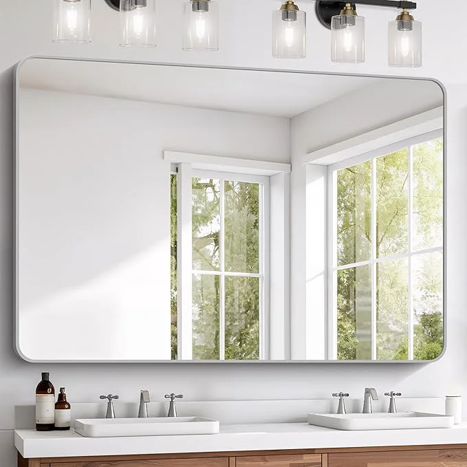 Clean FORBATH 60×40 Inch Silver Bathroom Mirror for Over Sink Large Rectangular Wall Mirror with Metal Frame Rounded Corners for Bathroom Bedroom Entryway Decor Horizontal or Vertical About ThisOverview Outstanding