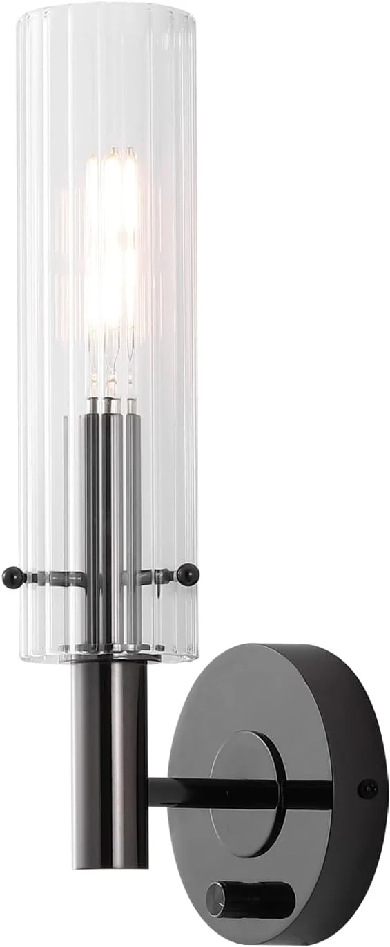 Casual Black Bathroom Vanity Light Fixtures with Striped Clear Glass Shades Modern Wall Sconces Dimmer ON Off Switch Indoor Wall Light for Mirror Living Room Bedroom Hallway StaircaseAbout ThisOverview Trendy