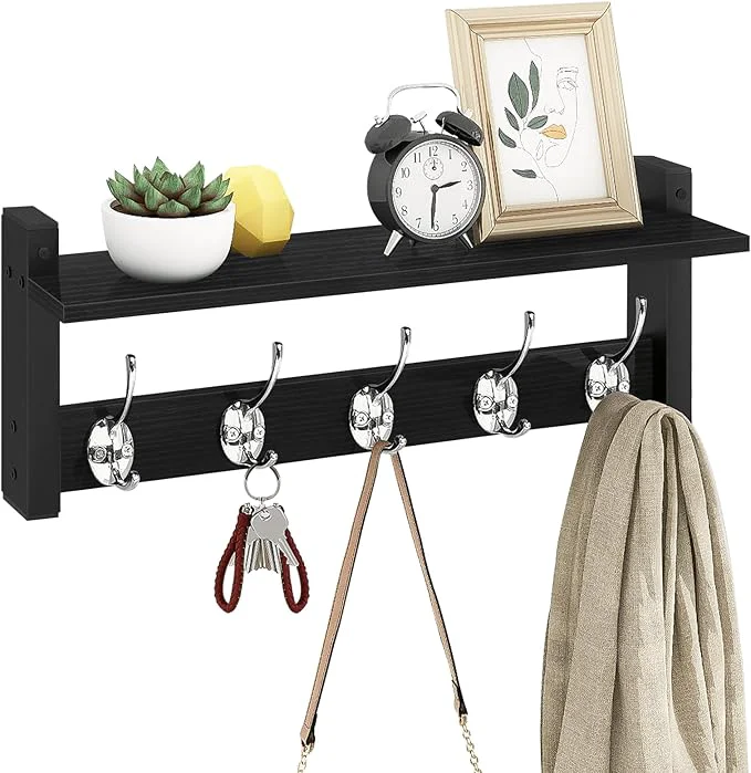 Secure Homode Wall Coat Rack With Shelf Wood Entryway Hanger With Hooks Small Floating Pegs for Hanging Coats Hats Purses Backpacks BlackAbout ThisOverview Elite