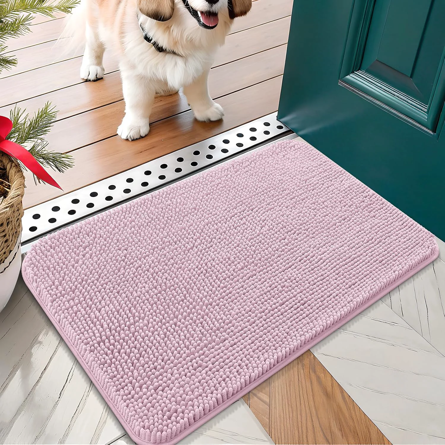 Certified OLANLY Dog Door Mat for Muddy Paws 24×16 Absorbs Moisture and Dirt Absorbent Non-Slip Washable Doormat Quick Dry Chenille Mud Mat for Dogs Entry Indoor Entryway Carpet for Inside Floor Dusty Rose Trendy