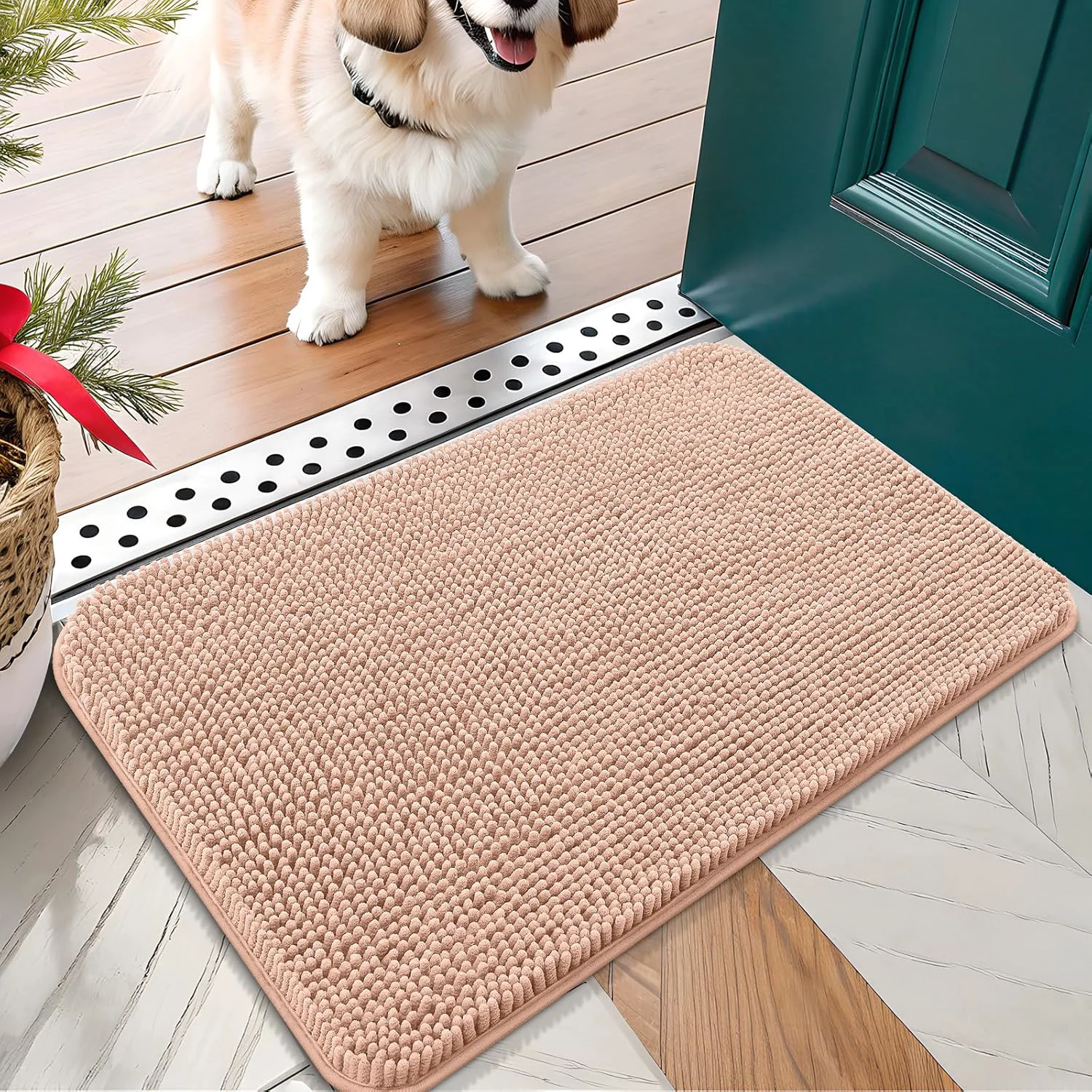 Clean OLANLY Dog Door Mat for Muddy Paws 30×17 Absorbs Moisture and Dirt Absorbent Non-Slip Washable Doormat Quick Dry Chenille Mud Mat for Dogs Entry Indoor Entryway Carpet for Inside Floor Peach Selected