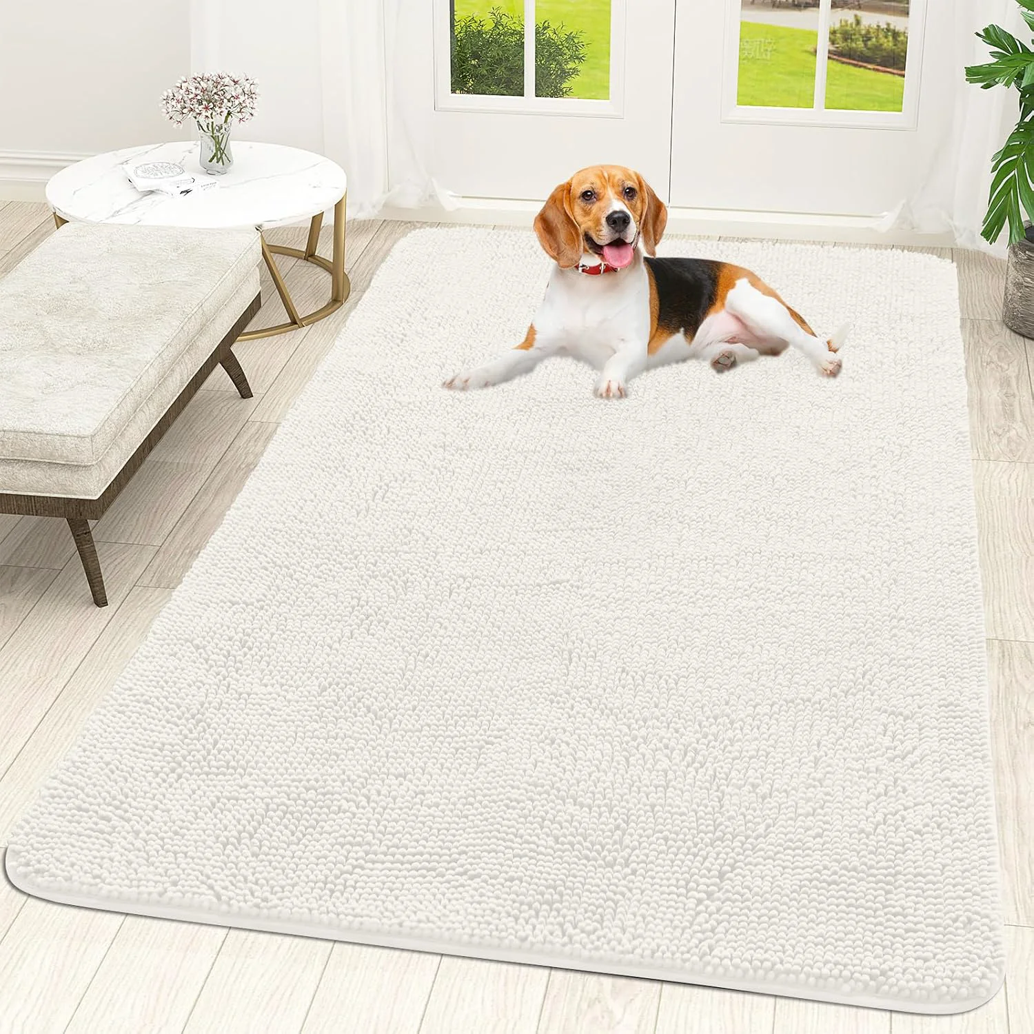 Trendy OLANLY Dog Door Mat for Muddy Paws 59×35 Absorbs Moisture and Dirt Absorbent Non-Slip Washable Doormat Quick Dry Chenille Mud Mat for Dogs Entry Indoor Entryway Carpet for Inside Floor Ivory Long-Lasting