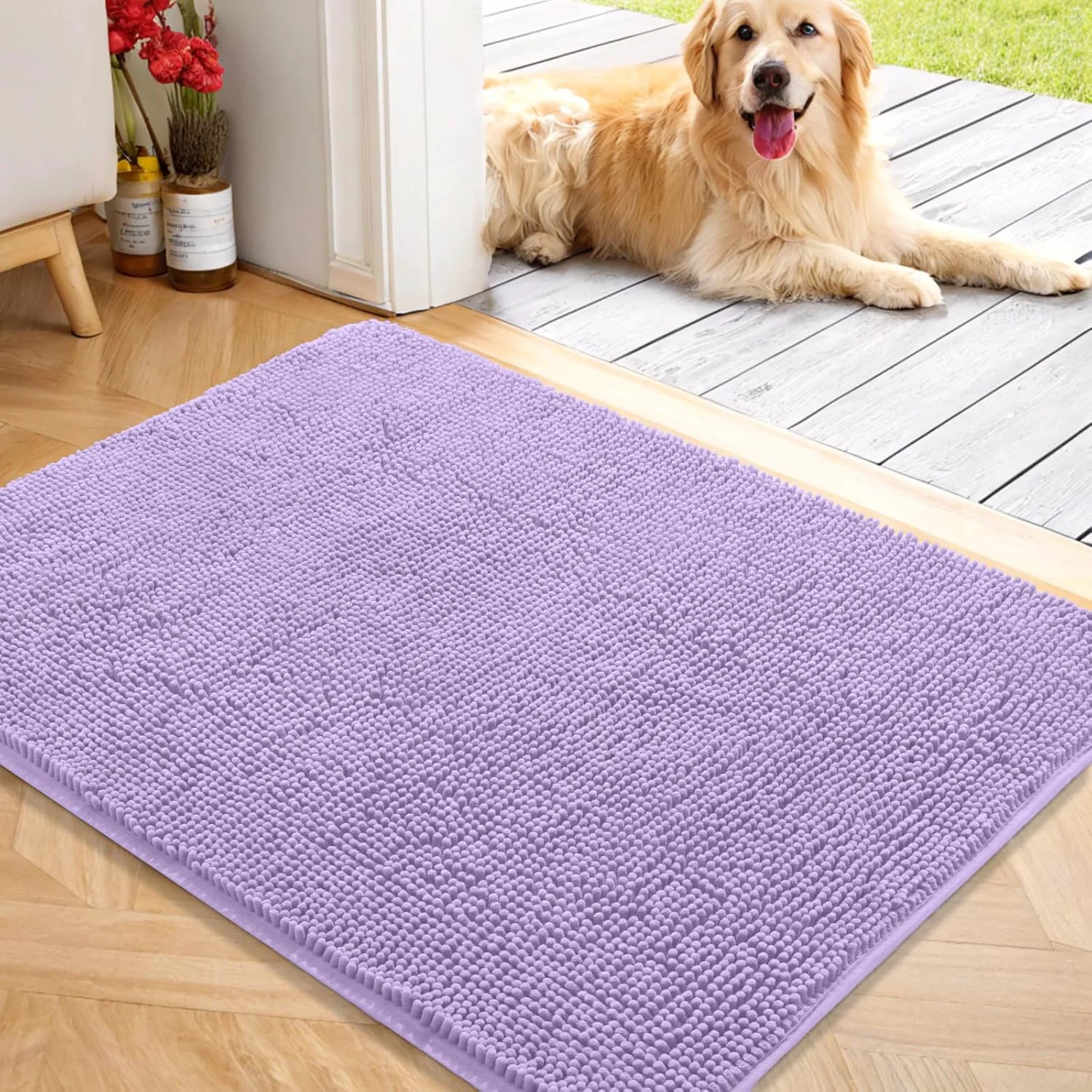 Trendy OLANLY Dog Door Mat for Muddy Paws 40×32 Absorbs Moisture and Dirt Absorbent Non-Slip Washable Doormat Quick Dry Chenille Mud Mat for Dogs Entry Indoor Entryway Carpet for Inside Floor Lavender Stylish