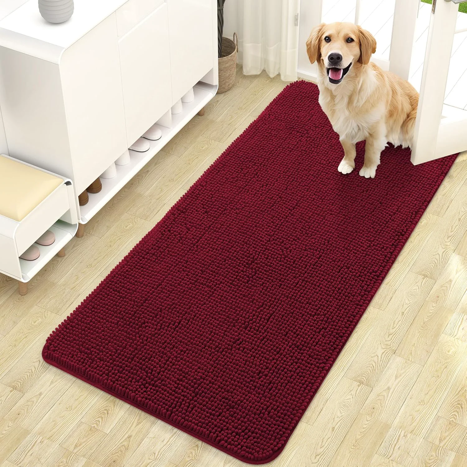 Quality OLANLY Dog Door Mat for Muddy Paws 47×24 Absorbs Moisture and Dirt Absorbent Non-Slip Washable Doormat Quick Dry Chenille Mud Mat for Dogs Entry Indoor Entryway Carpet for Inside Floor Burgundy Clean