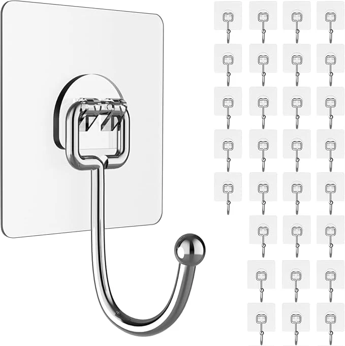 Premium Material Large Adhesive Hooks for Wall – Heavy Duty 44lb No-Drill Waterproof 30 Pack Clear Large Adhesive Hooks – 30 Pack Sustainable