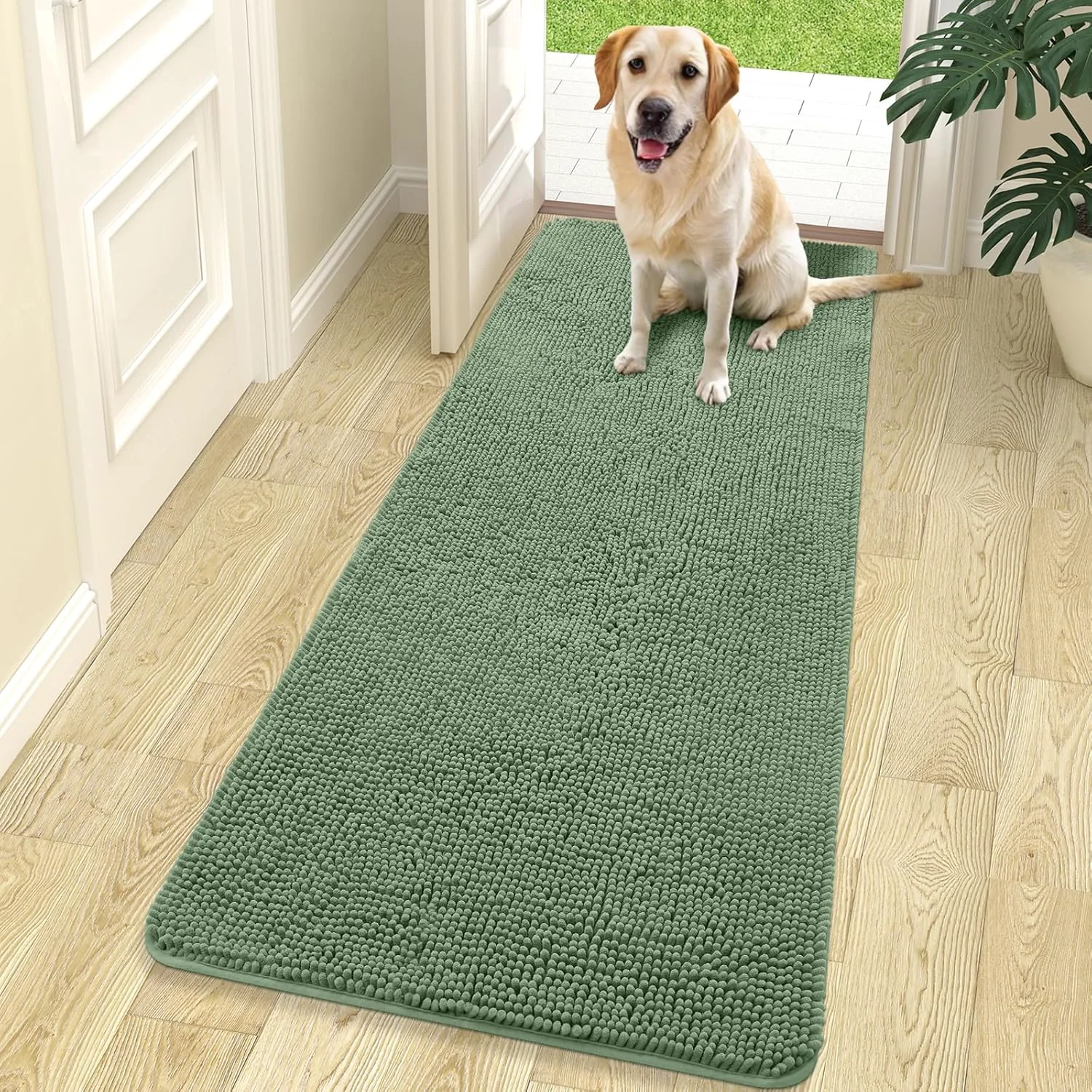 Convenient OLANLY Dog Door Mat for Muddy Paws 70×24 Absorbs Moisture and Dirt Absorbent Non-Slip Washable Doormat Quick Dry Chenille Mud Mat Entry Indoor Entryway Carpet for Inside Floor Olive Green Proven