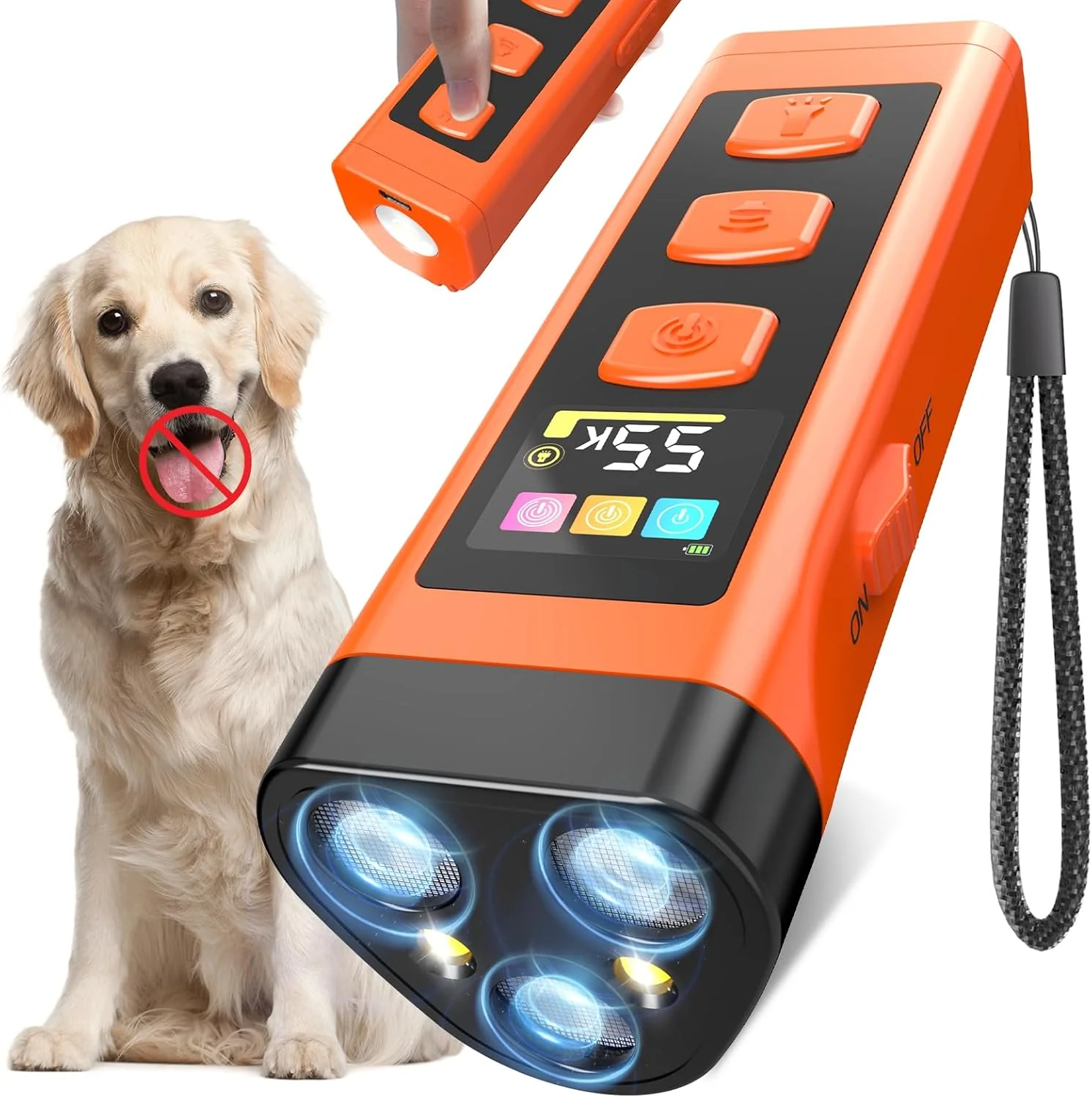 Powerful Dog Bark Deterrent Device Color Display 2000 mAh Rechargeable Ultrasonic Anti-Barking Trainer with 4 Frequency Settings 25 30 40 55 kHz 65ft Long-Range Safe Effective to Bark Collars Elegant