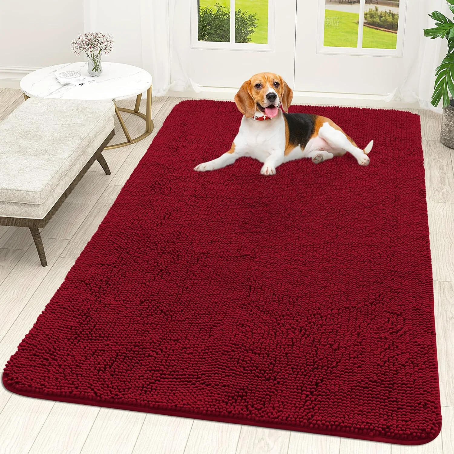 Fine OLANLY Dog Door Mat for Muddy Paws 59×35 Absorbs Moisture and Dirt Absorbent Non-Slip Washable Doormat Quick Dry Chenille Mud Mat for Dogs Entry Indoor Entryway Carpet for Inside Floor Red Safe