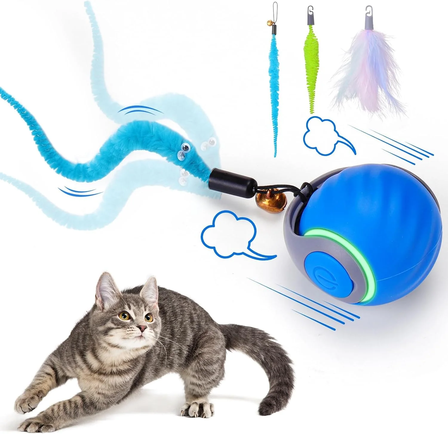 Long-Lasting Interactive Cat Toy Ball – Motion-Activated USB Rechargeable Cat Toys for Indoor Cats with Anti-Scratch Cover 2 Changeable Tails – Enrichment Toy for Active Cats Kittens Clean