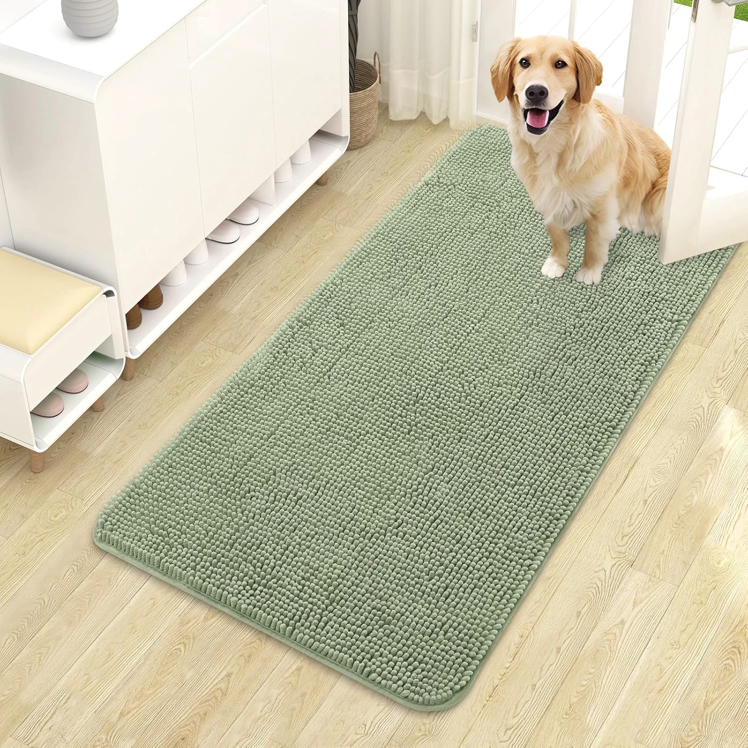 Carefully Designed OLANLY Dog Door Mat for Muddy Paws 44×24 Absorbs Moisture and Dirt Absorbent Non-Slip Washable Doormat Quick Dry Chenille Mud Mat for Dogs Entry Indoor Entryway Carpet for Inside Floor Sage Green Elite
