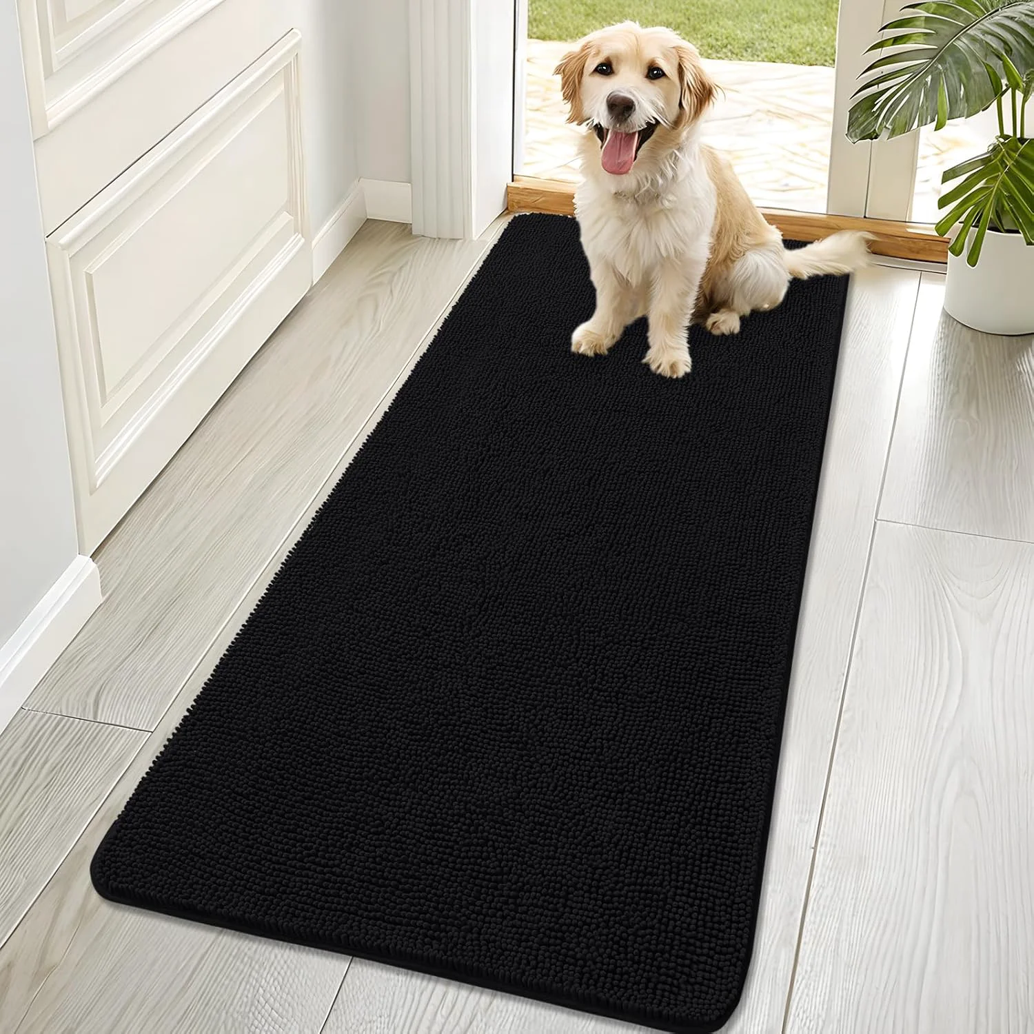 Next-Generation OLANLY Dog Door Mat for Muddy Paws 70×32 Absorbs Moisture and Dirt Absorbent Non-Slip Washable Doormat Quick Dry Chenille Mud Mat for Dogs Entry Indoor Entryway Carpet for Inside Floor Black Selected