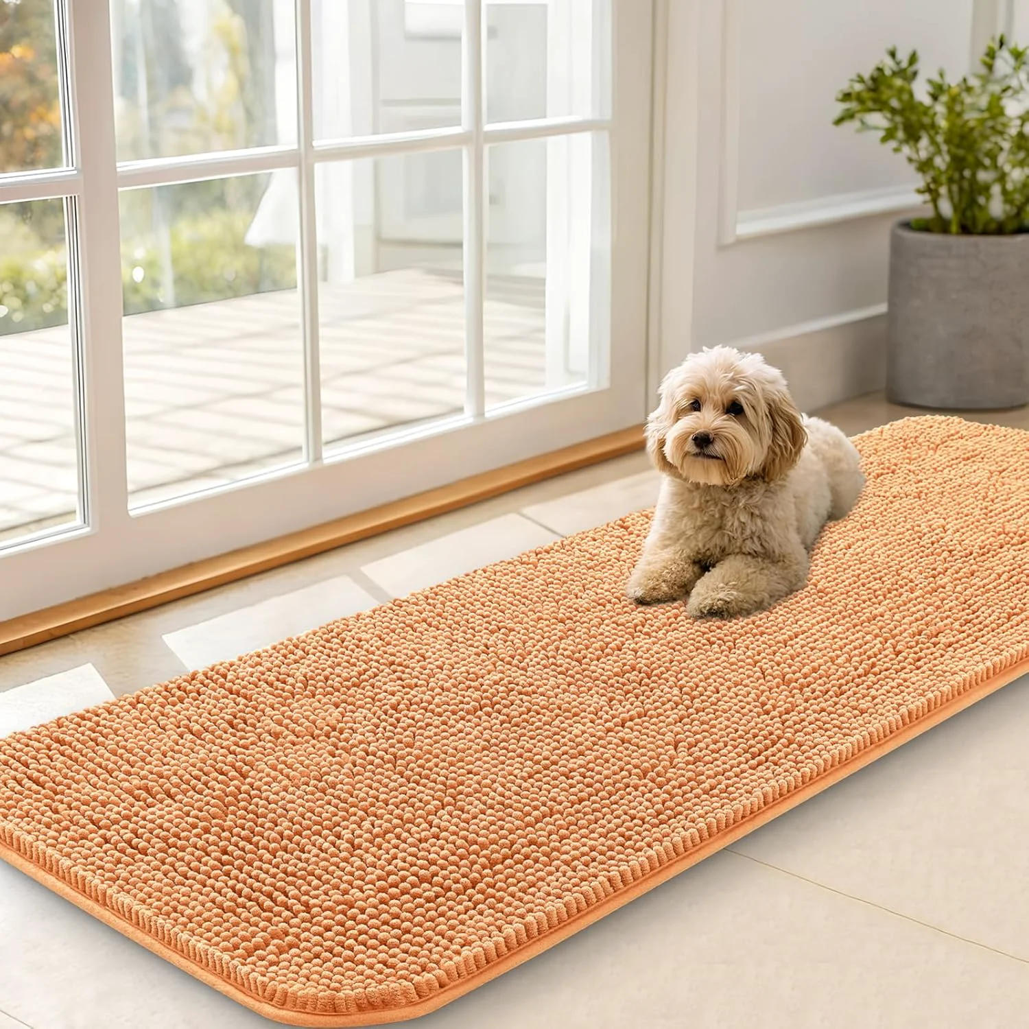 Advanced OLANLY Dog Door Mat for Muddy Paws 59×20 Absorbs Moisture and Dirt Absorbent Non-Slip Washable Doormat Quick Dry Chenille Mud Mat for Dogs Entry Indoor Entryway Carpet for Inside Floor Orange Smart