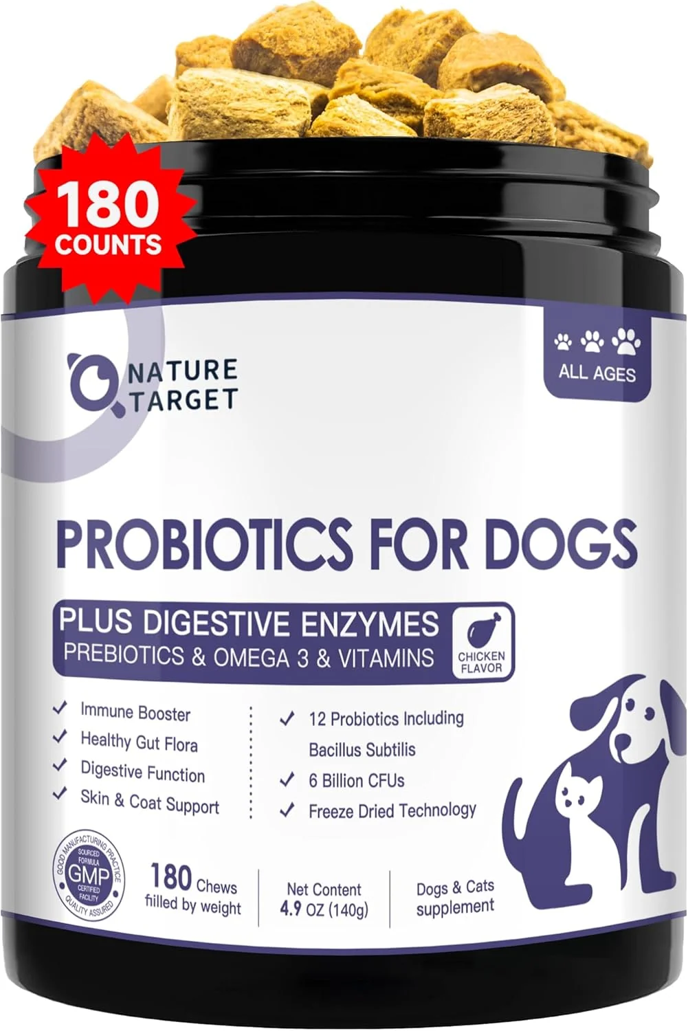 Quality NATURE TARGET Probiotics for Dogs 6 Billion CFUs ze Dried Dog Probiotics with Prebiotics Enzymes for Diarrhea Gas Vitamins Omega 3 for Skin Immune Health Allergy Itch Relief 180 Count Premium