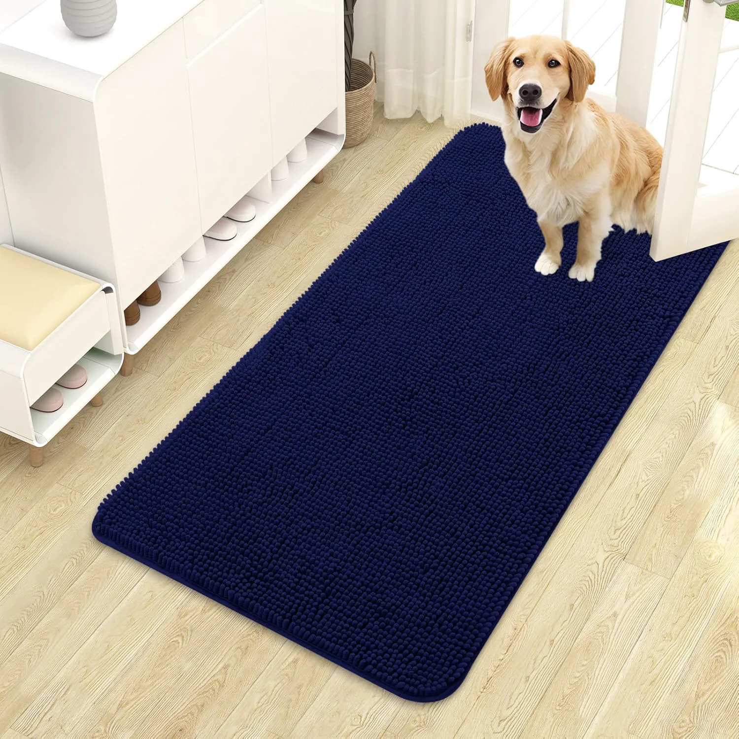 Advanced OLANLY Dog Door Mat for Muddy Paws 44×24 Absorbs Moisture and Dirt Absorbent Non-Slip Washable Doormat Quick Dry Chenille Mud Mat for Dogs Entry Indoor Entryway Carpet for Inside Floor Navy Blue Elite
