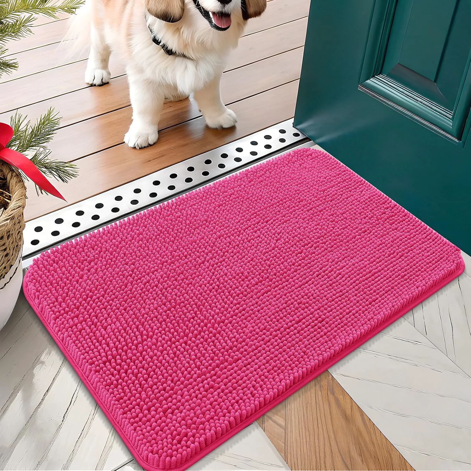 Solid OLANLY Dog Door Mat for Muddy Paws 30×17 Absorbs Moisture and Dirt Absorbent Non-Slip Washable Doormat Quick Dry Chenille Mud Mat for Dogs Entry Indoor Entryway Carpet for Inside Floor Hot Pink Soft