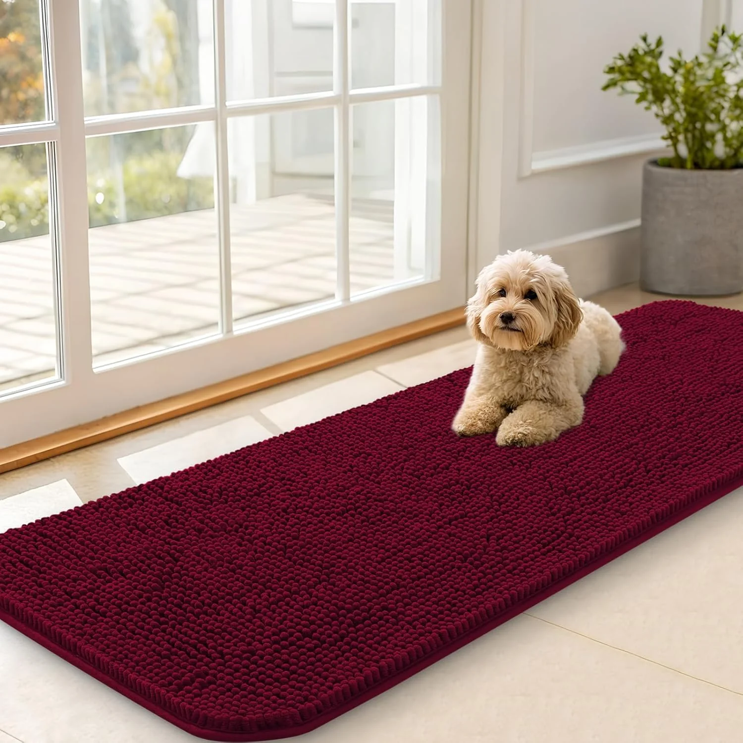Professional OLANLY Dog Door Mat for Muddy Paws 59×20 Absorbs Moisture and Dirt Absorbent Non-Slip Washable Doormat Quick Dry Chenille Mud Mat for Dogs Entry Indoor Entryway Carpet for Inside Floor Burgundy Selected