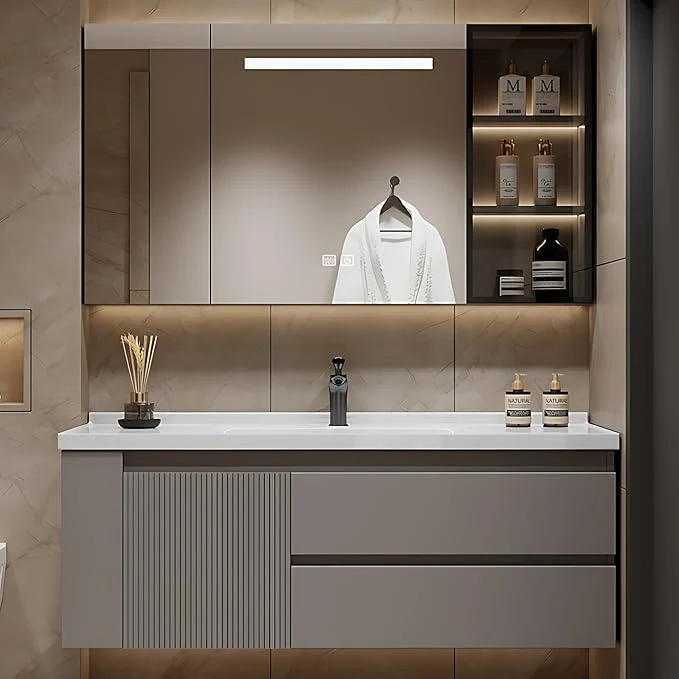 Authentic 48IN Suspended Bathroom Cabinet Combo Set – Fully Functional LED Mirror Vanity with Smart Defogging Time Display Bathroom Vanity with Sink Side Cabinets Storage Compartment Style C About ThisOverview Outstanding