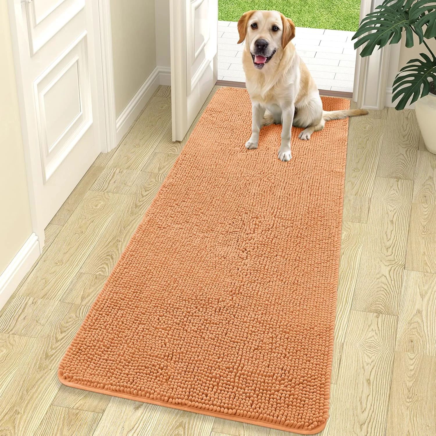 Lightweight OLANLY Dog Door Mat for Muddy Paws 70×24 Absorbs Moisture and Dirt Absorbent Non-Slip Washable Doormat Quick Dry Chenille Mud Mat for Dogs Entry Indoor Entryway Carpet for Inside Floor Orange Superior
