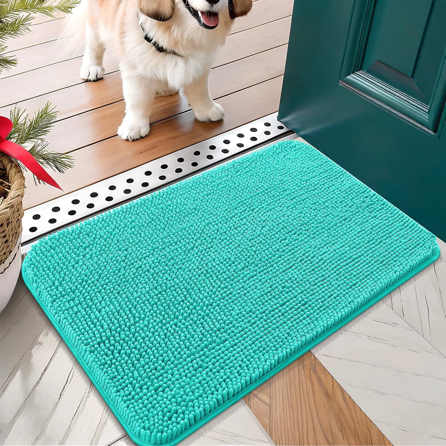 Lightweight OLANLY Dog Door Mat for Muddy Paws 24×16 Absorbs Moisture and Dirt Absorbent Non-Slip Washable Doormat Quick Dry Chenille Mud Mat for Dogs Entry Indoor Entryway Carpet for Inside Floor Teal Easy-to-Use