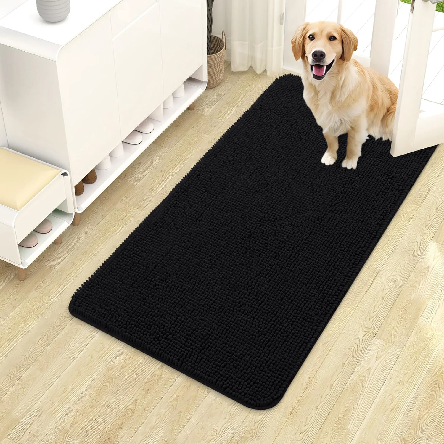 Practical OLANLY Dog Door Mat for Muddy Paws 40×24 Absorbs Moisture and Dirt Absorbent Non-Slip Washable Doormat Quick Dry Chenille Mud Mat for Dogs Entry Indoor Entryway Carpet for Inside Floor Black Solid