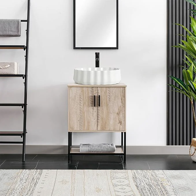 Recyclable eclife 24 Bathroom Vanity Sink Combo Modern Metal Stand Cabinet W Bottom Shelf White Shell Vessel Sink Water Save Faucet Pop Up Drain Oak T54 About ThisOverview Comfortable