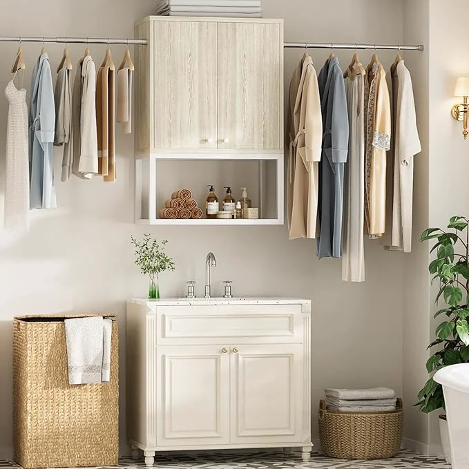Stylish Homieasy Wall Cabinet with 2 Hanging Rods 67” Wide Laundry Wall Cabinet with 2 Doors Open Rack Adjustable Inner Shelf Storage Cabinet Wall Mounted for Laundry Bathroom White OakAbout ThisOverview Lightweight