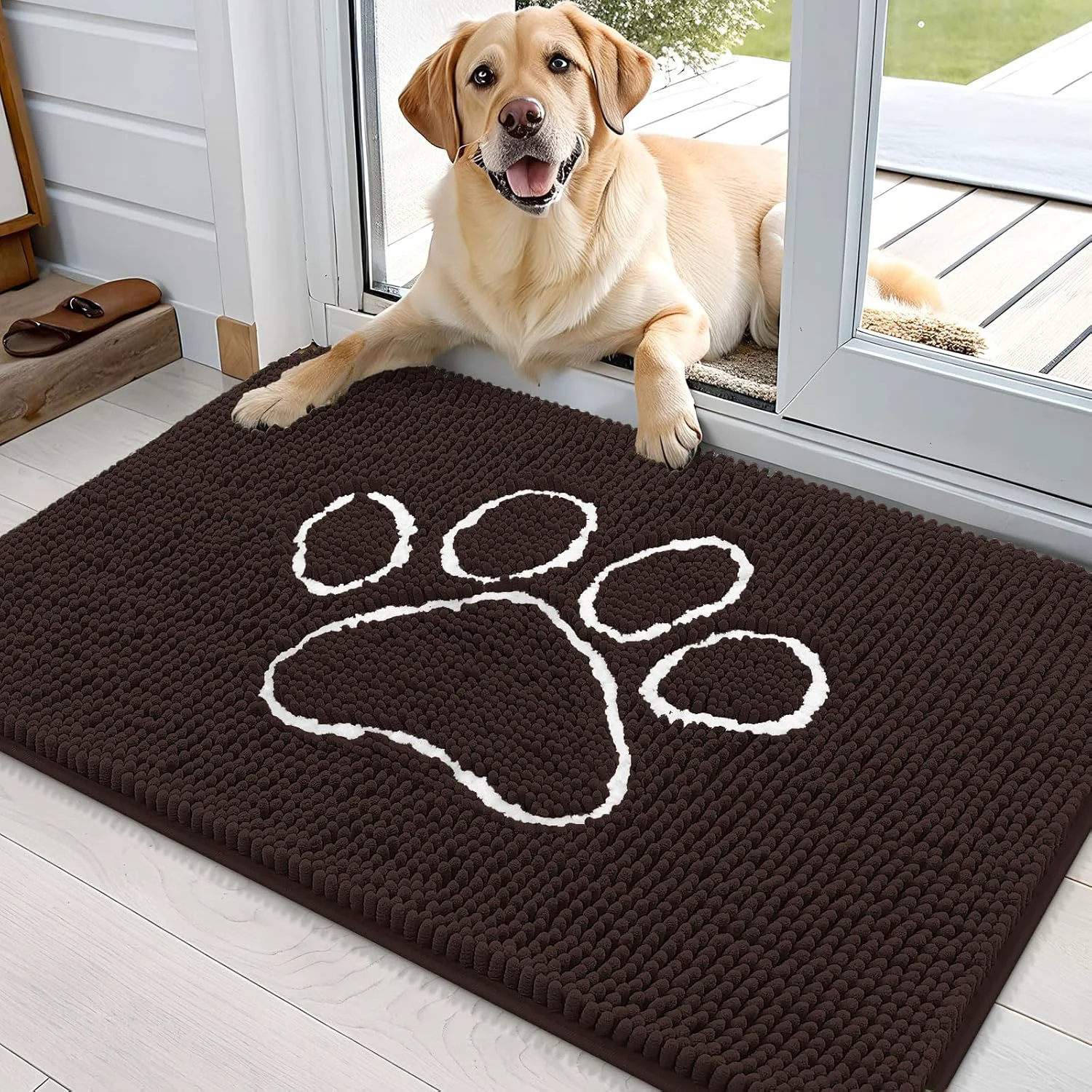 Clean OLANLY Door Mat for Muddy Dog Paws 36×24 Ultra Absorbent Chenille Mud Doormat with Paw Print Design Non-Slip Washable Doormat for Indoor Entryway Quick-Dry Pet Bed Mats for Dirty Dogs Brown Traditional